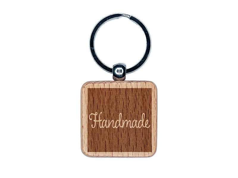 Handmade in Box Engraved Wood Square Keychain Tag Charm