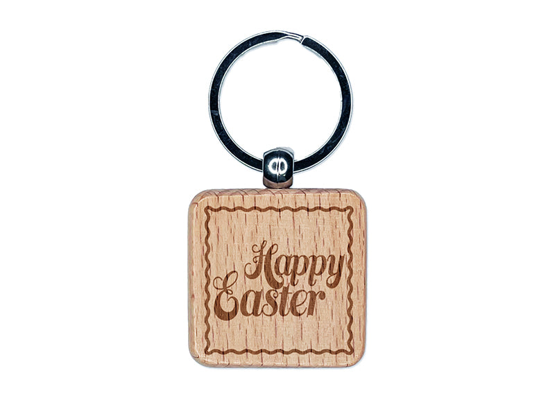 Happy Easter Elegant Text Engraved Wood Square Keychain Tag Charm