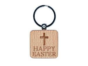 Happy Easter with Cross Engraved Wood Square Keychain Tag Charm
