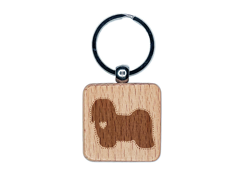 Havanese Dog with Heart Engraved Wood Square Keychain Tag Charm