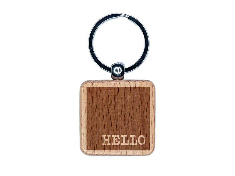 Hello Reversed Text in Box Engraved Wood Square Keychain Tag Charm