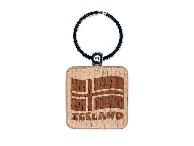 Iceland with Waving Flag Cute Engraved Wood Square Keychain Tag Charm