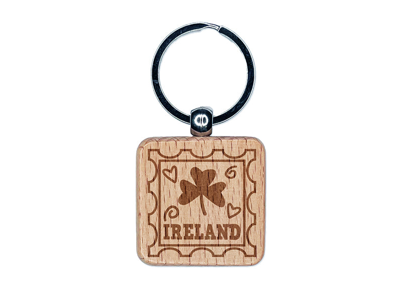 Ireland Shamrock Passport Travel Engraved Wood Square Keychain Tag Charm