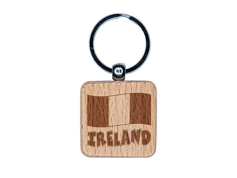 Ireland with Waving Flag Cute Engraved Wood Square Keychain Tag Charm