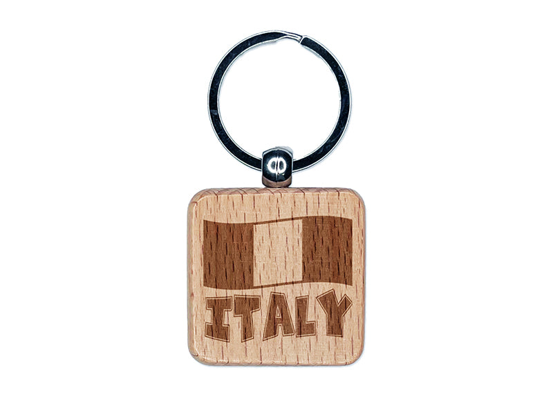 Italy with Waving Flag Cute Engraved Wood Square Keychain Tag Charm