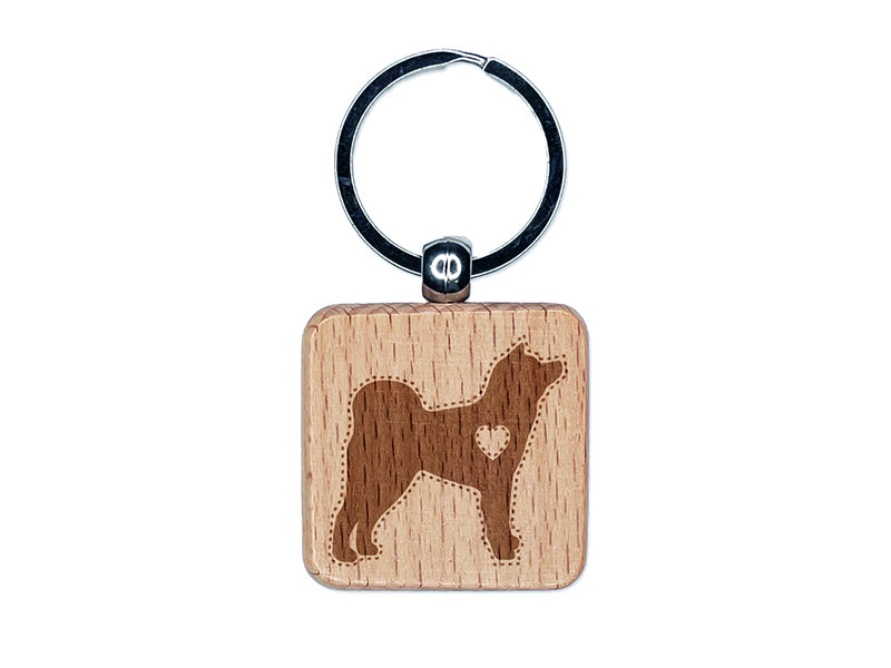 Japanese Akita Dog with Heart Engraved Wood Square Keychain Tag Charm