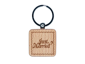Just Married Elegant Text Engraved Wood Square Keychain Tag Charm