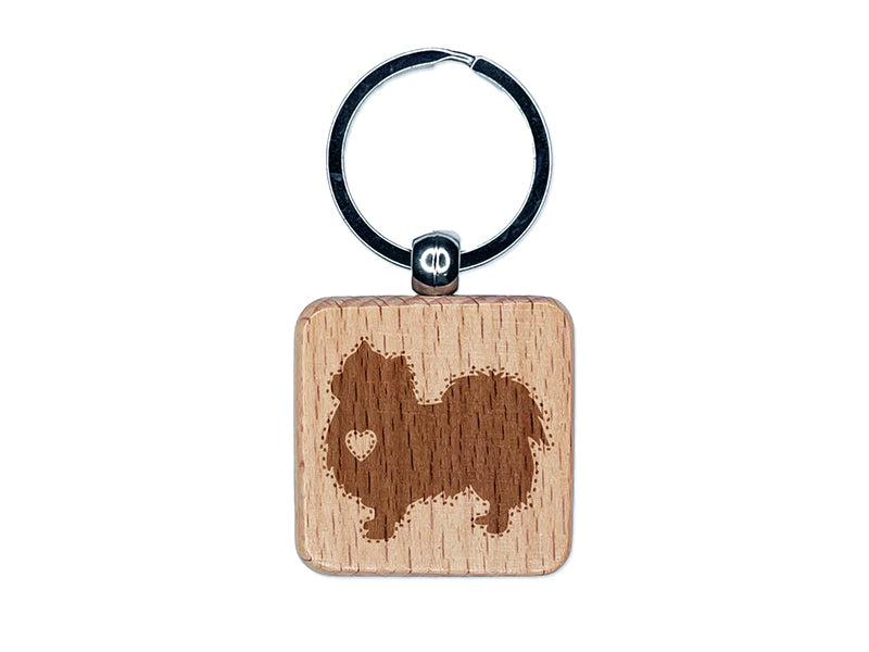 Long Coat Chihuahua Dog with Heart Engraved Wood Square Keychain Tag Charm