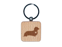 Long Haired Dachshund Dog with Heart Engraved Wood Square Keychain Tag Charm