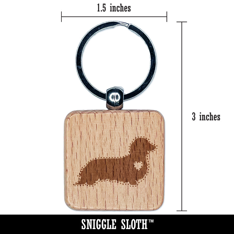 Long Haired Dachshund Dog with Heart Engraved Wood Square Keychain Tag Charm