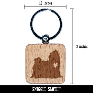 Maltese Dog with Heart Engraved Wood Square Keychain Tag Charm