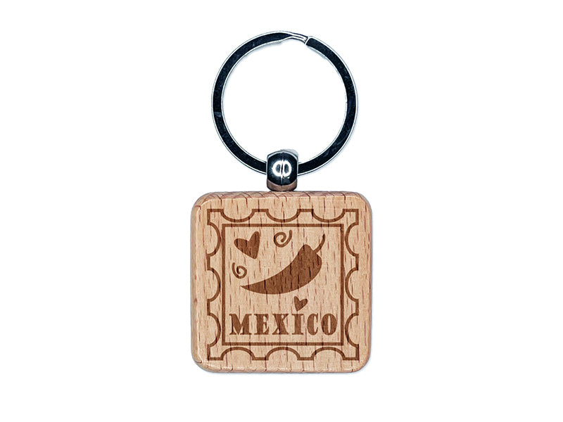 Mexico Chili Pepper Passport Travel Engraved Wood Square Keychain Tag Charm