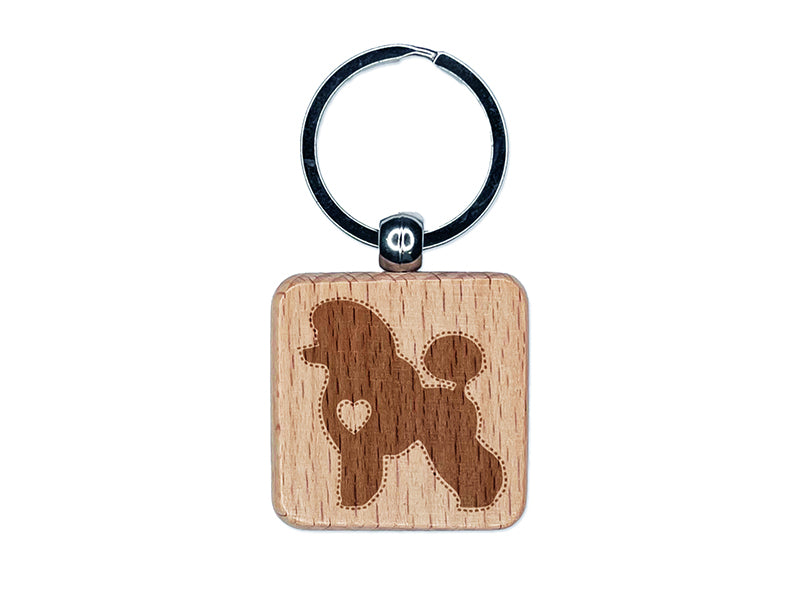 Miniature Poodle Dog with Heart Engraved Wood Square Keychain Tag Charm