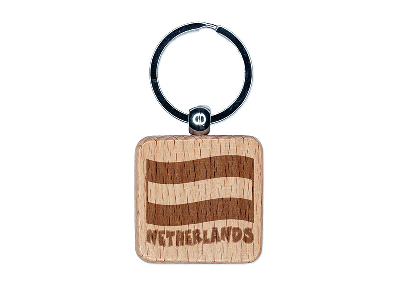 Netherlands Waving Flag Cute Engraved Wood Square Keychain Tag Charm