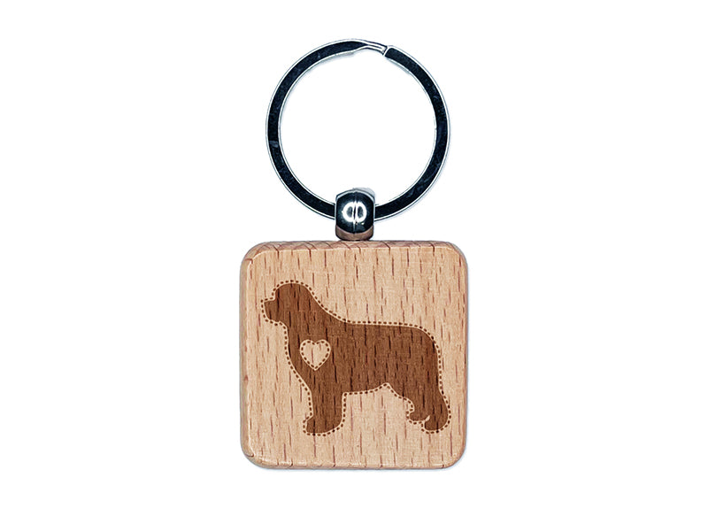 Newfoundland Dog with Heart Engraved Wood Square Keychain Tag Charm