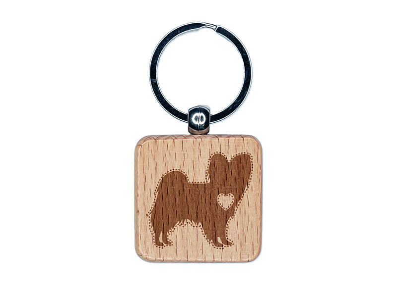 Papillon Continental Toy Spaniel Dog with Heart Engraved Wood Square Keychain Tag Charm