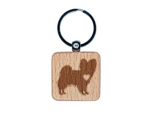 Papillon Continental Toy Spaniel Dog with Heart Engraved Wood Square Keychain Tag Charm