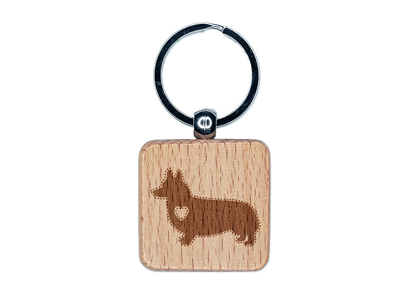 Pembroke Welsh Corgi Dog with Heart Engraved Wood Square Keychain Tag Charm