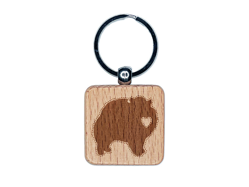 Pomeranian Dog with Heart Engraved Wood Square Keychain Tag Charm