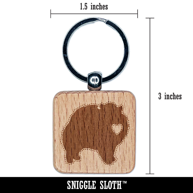 Pomeranian Dog with Heart Engraved Wood Square Keychain Tag Charm