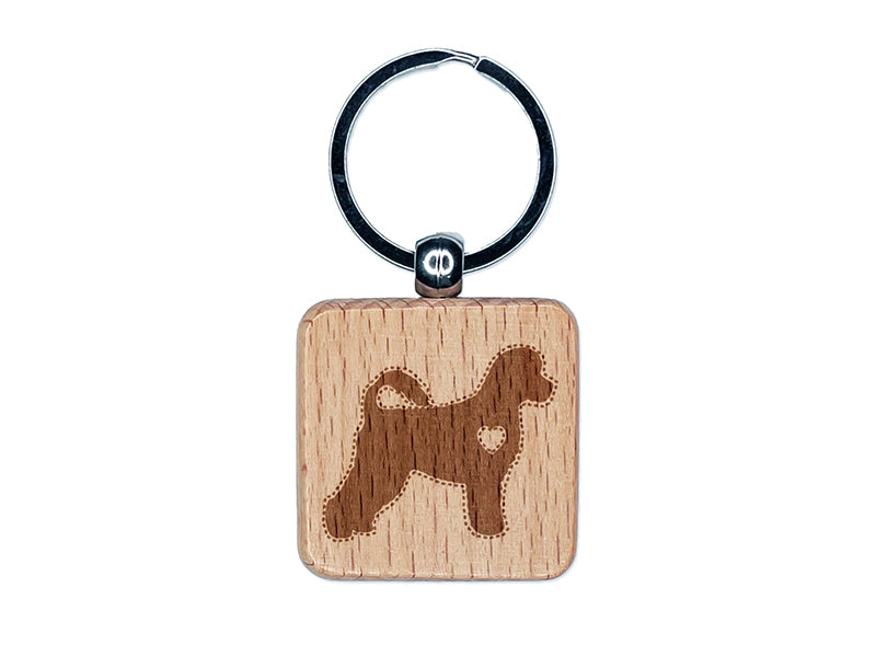 Portuguese Water Dog with Heart Engraved Wood Square Keychain Tag Charm