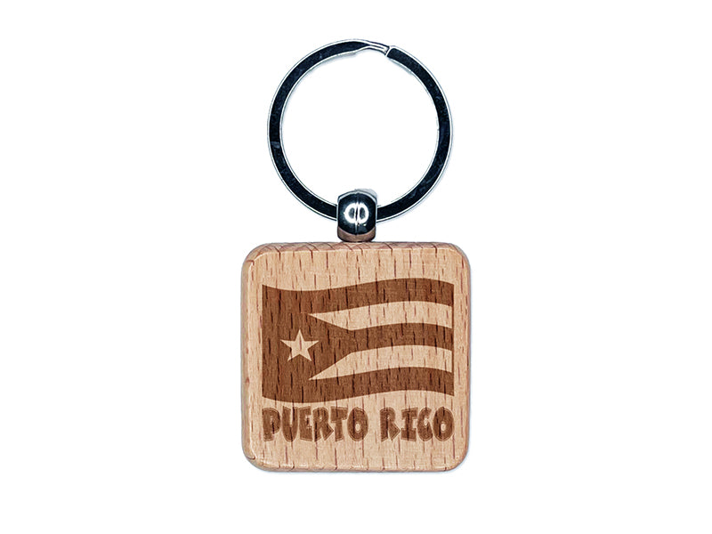 Puerto Rico with Waving Flag Cute Engraved Wood Square Keychain Tag Charm