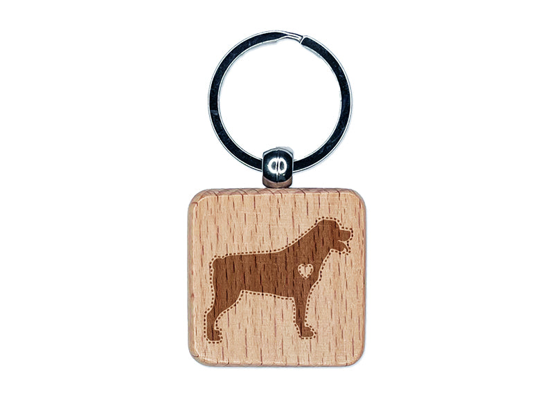 Rottweiler Dog with Heart Engraved Wood Square Keychain Tag Charm