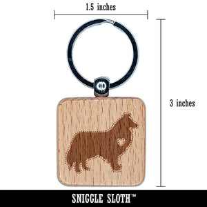 Rough Collie Dog with Heart Engraved Wood Square Keychain Tag Charm