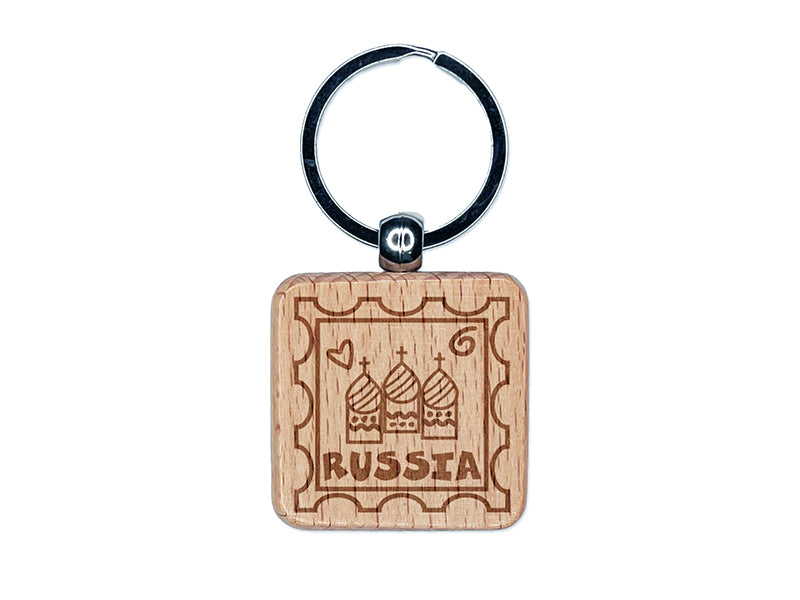 Russia Passport Travel Engraved Wood Square Keychain Tag Charm