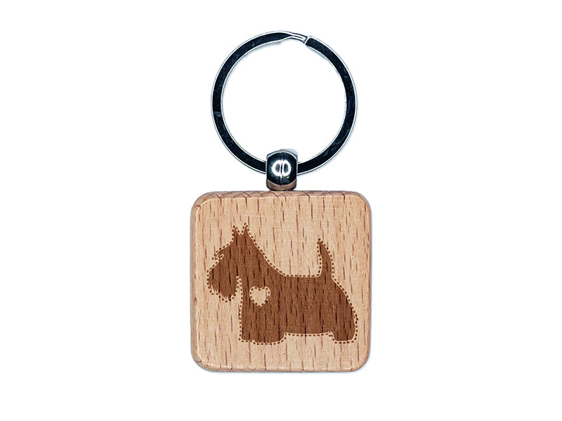 Scottish Terrier Scottie Dog with Heart Engraved Wood Square Keychain Tag Charm