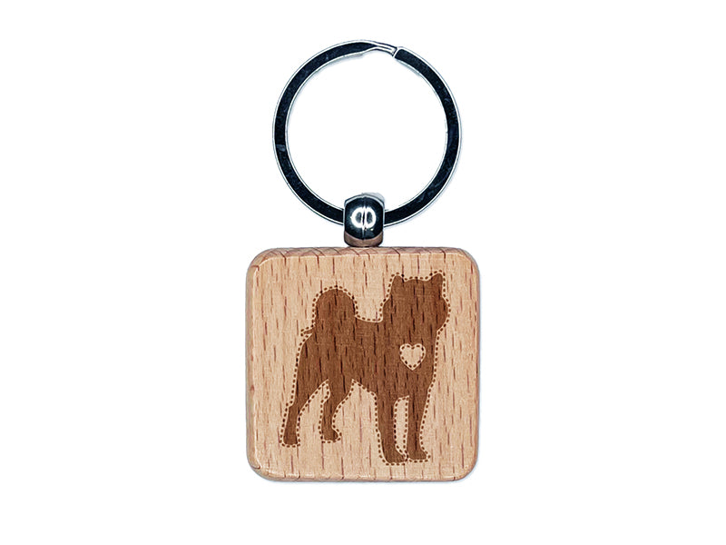 Shiba Inu Dog with Heart Engraved Wood Square Keychain Tag Charm