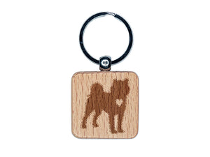 Shiba Inu Dog with Heart Engraved Wood Square Keychain Tag Charm