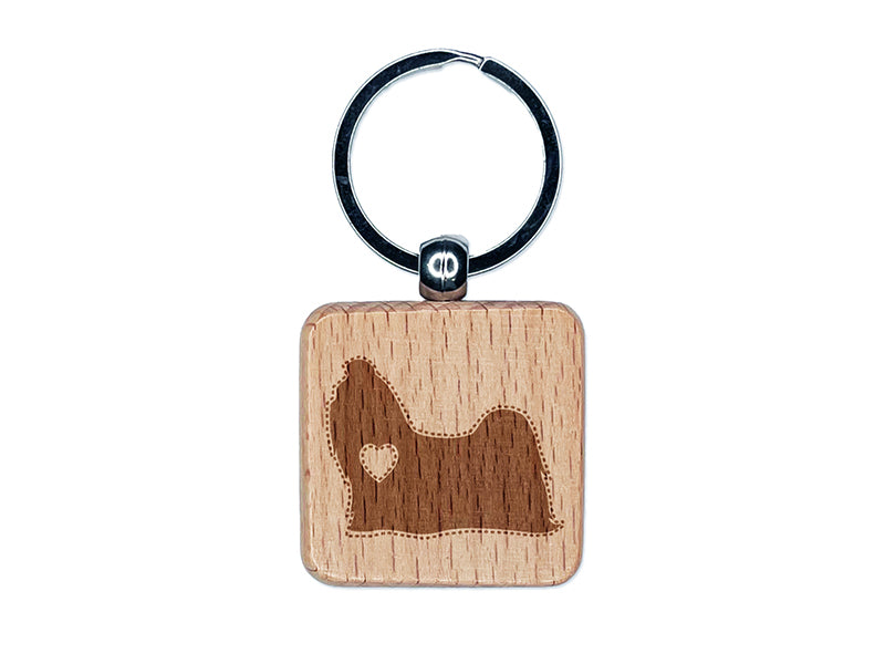 Shih Tzu Dog with Heart Engraved Wood Square Keychain Tag Charm