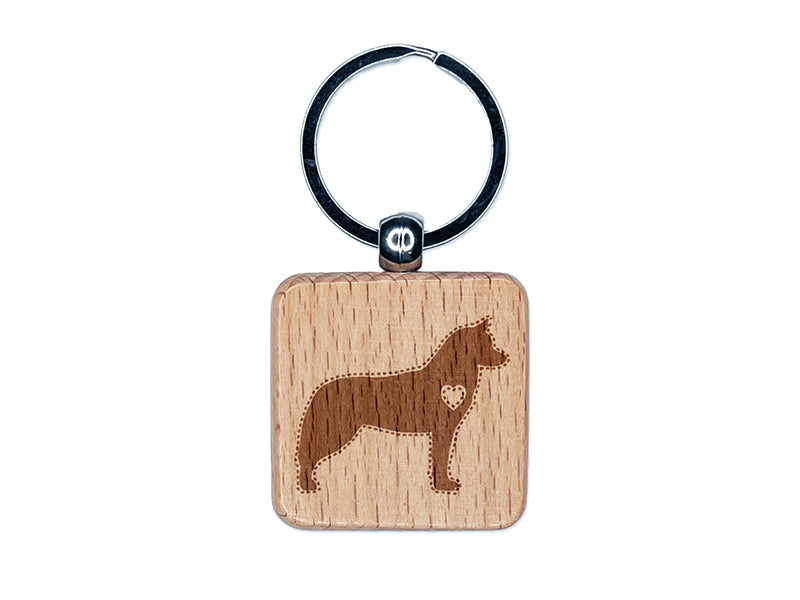 Siberian Husky Dog with Heart Engraved Wood Square Keychain Tag Charm