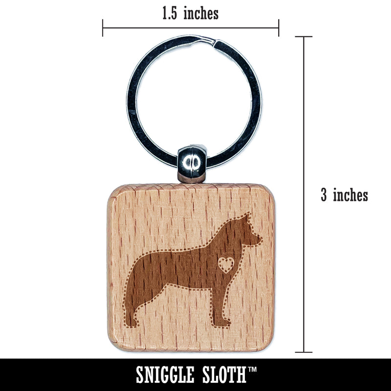 Siberian Husky Dog with Heart Engraved Wood Square Keychain Tag Charm