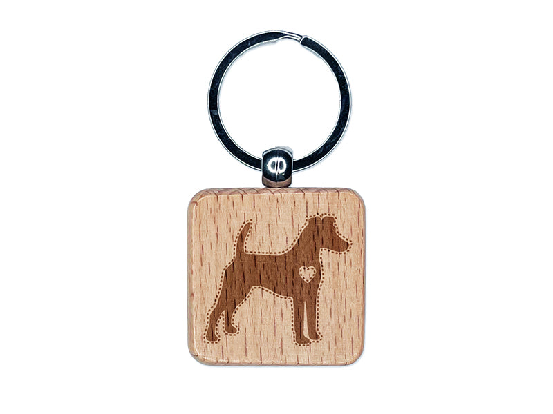 Smooth Fox Terrier Dog with Heart Engraved Wood Square Keychain Tag Charm
