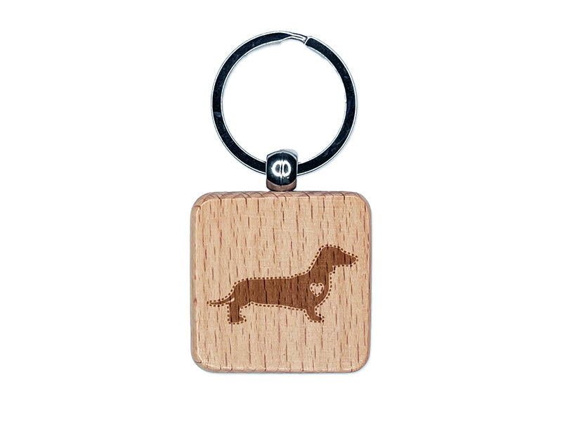 Smooth Haired Dachshund Dog with Heart Engraved Wood Square Keychain Tag Charm