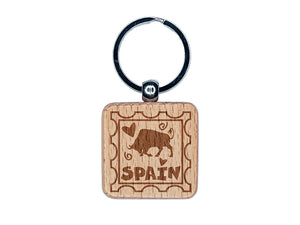 Spain Passport Travel Engraved Wood Square Keychain Tag Charm