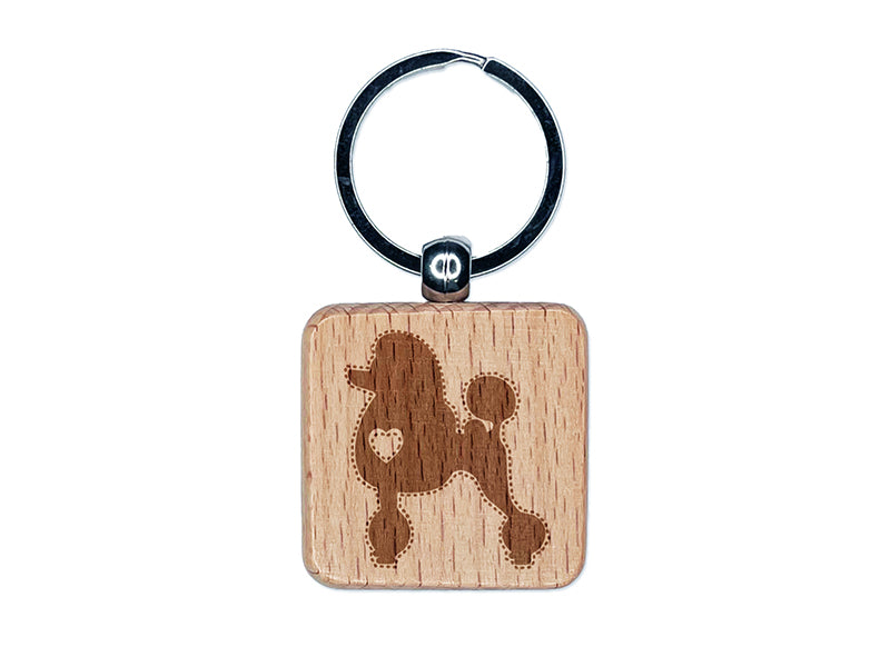 Standard Poodle Dog with Heart Engraved Wood Square Keychain Tag Charm