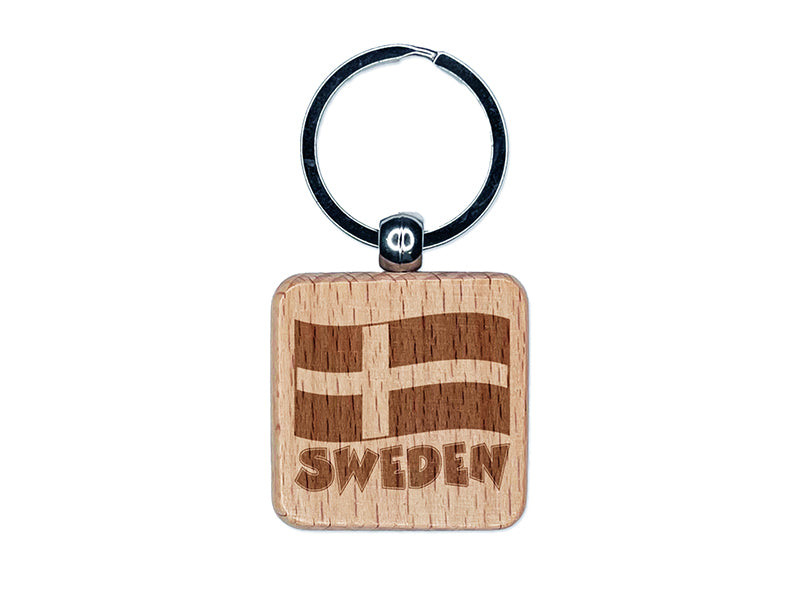 Sweden with Waving Flag Cute Engraved Wood Square Keychain Tag Charm