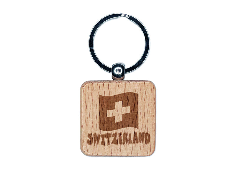 Switzerland with Waving Flag Cute Engraved Wood Square Keychain Tag Charm