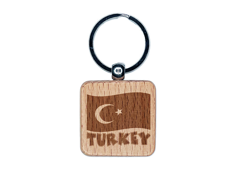 Turkey with Waving Flag Cute Engraved Wood Square Keychain Tag Charm