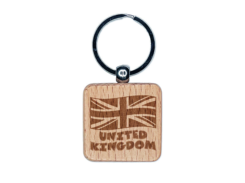 United Kingdom with Waving Flag Union Jack Cute Engraved Wood Square Keychain Tag Charm