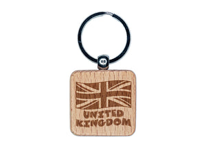 United Kingdom with Waving Flag Union Jack Cute Engraved Wood Square Keychain Tag Charm