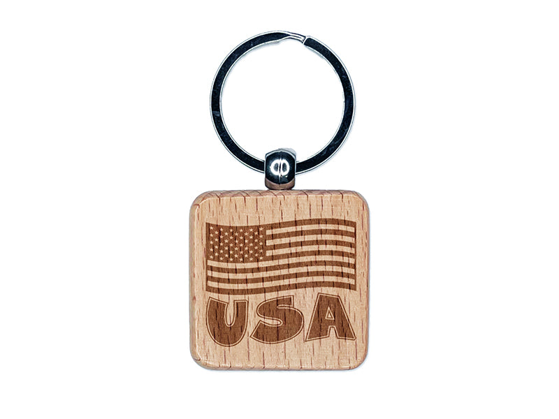 USA United States of America with Waving Flag Cute Engraved Wood Square Keychain Tag Charm