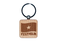 Vietnam with Waving Flag Cute Engraved Wood Square Keychain Tag Charm