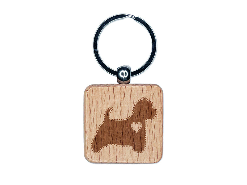 Westie West Highland White Terrier Dog with Heart Engraved Wood Square Keychain Tag Charm