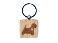 Westie West Highland White Terrier Dog with Heart Engraved Wood Square Keychain Tag Charm