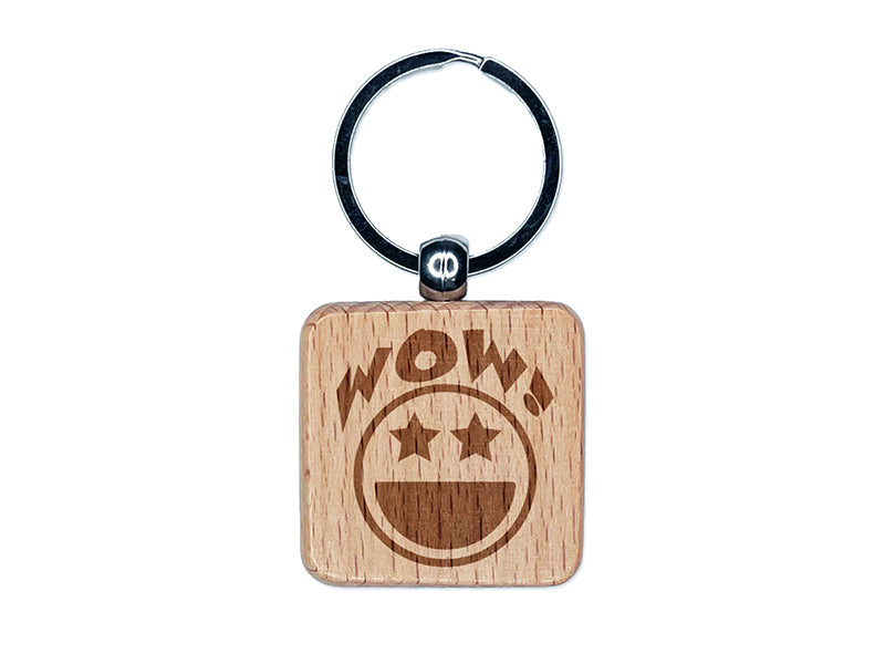 Wow with Happy Face Star Eyes Teacher Motivation Engraved Wood Square Keychain Tag Charm