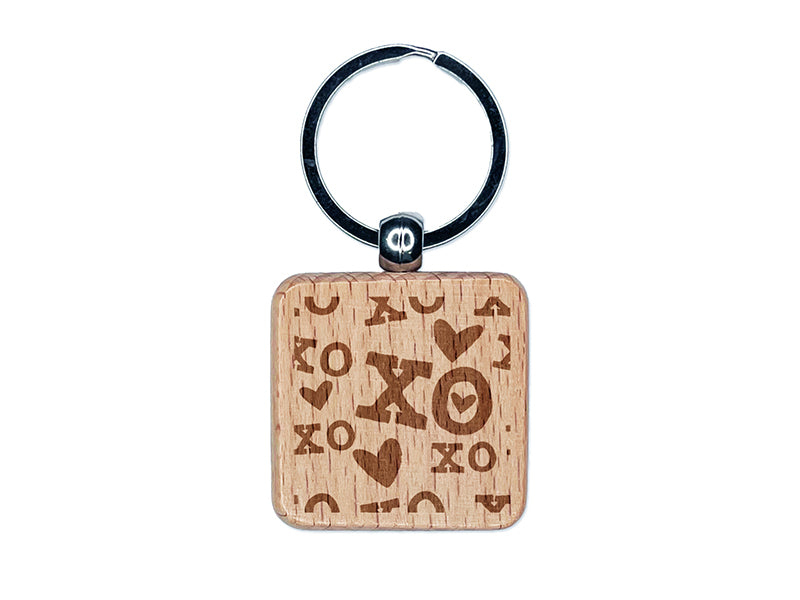 XO Love Heart Pattern Background Engraved Wood Square Keychain Tag Charm
